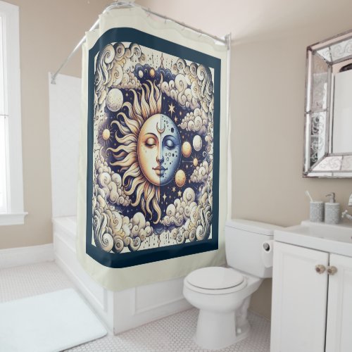 Vintage Celestial Half Sun  Moon Blue Yellow Shower Curtain