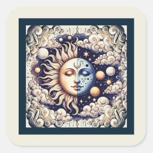 Vintage Celestial Half Sun  Moon Blue Yellow Square Sticker