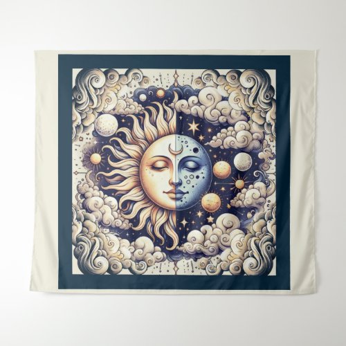 Vintage Celestial Half Sun  Moon Blue Yellow Tapestry