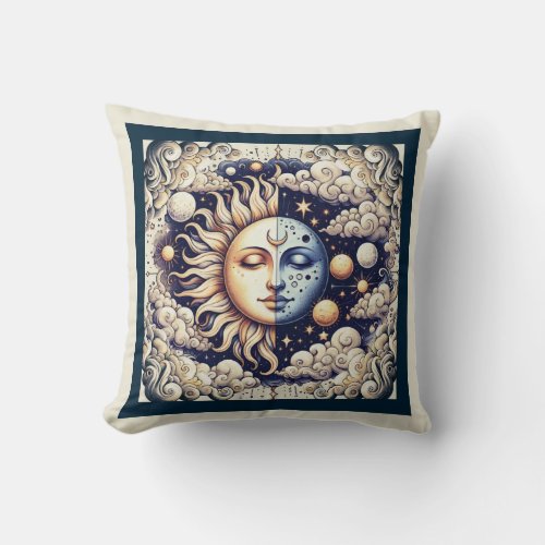 Vintage Celestial Half Sun  Moon Blue Yellow Throw Pillow