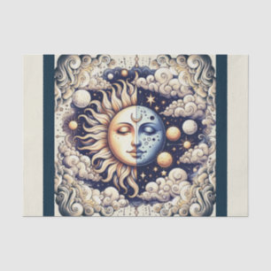 Vintage Celestial Half Sun & Moon Blue Yellow Tissue Paper