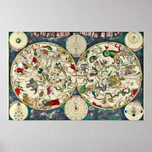 Vintage Celestial Map of the Constellations 1670 Poster