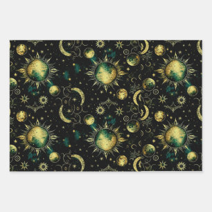 Vintage Celestial Moon and Star Wrapping Paper Sheets