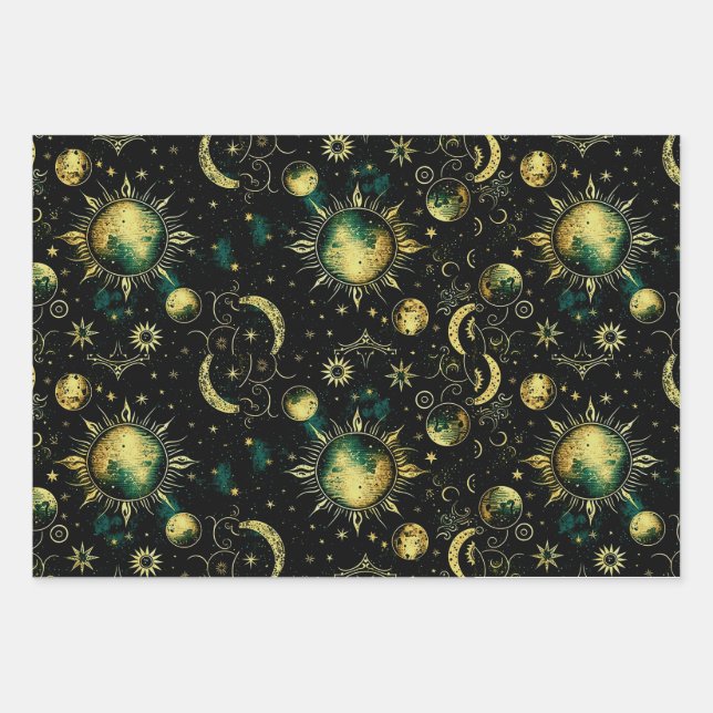 Vintage Celestial Moon and Star Wrapping Paper Sheets (Front)