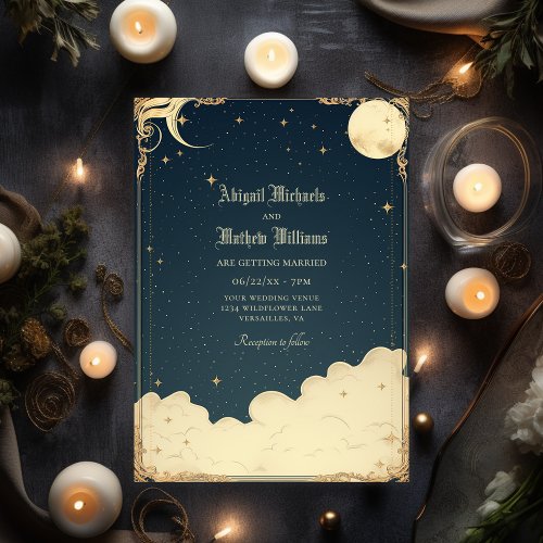 Vintage Celestial Moon and Stars Mystical Wedding Invitation