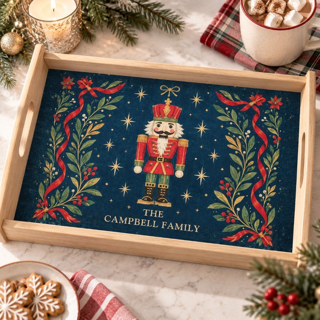 Vintage Celestial Nutcracker Custom Family Name Serving Tray (Custom family name holiday serving tray featuring a vintage celestial nutcracker on a starry night.)