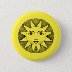 Vintage Celestial Smiling Sun Illustration Button