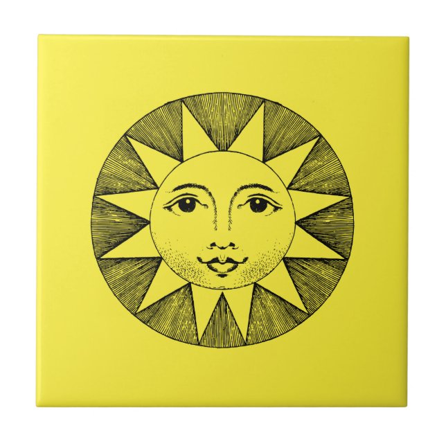 Vintage Celestial Smiling Sun Illustration Ceramic Tile (Front)