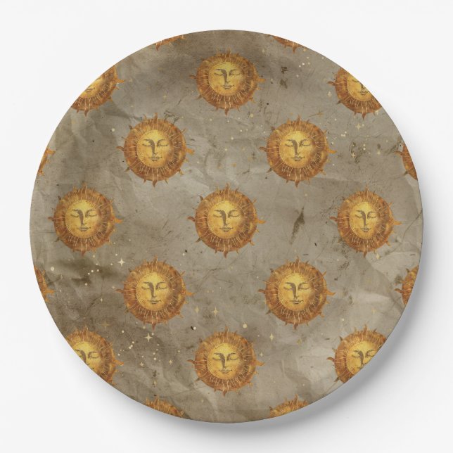 Vintage Celestial Sun Astrology Pattern Paper Plates (Front)