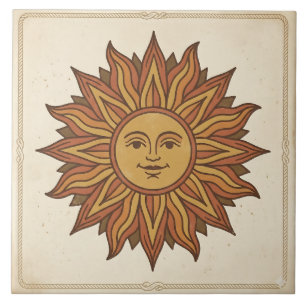 Vintage Celestial Sun Face Ceramic Tile