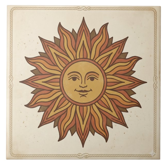 Vintage Celestial Sun Face Ceramic Tile (Front)