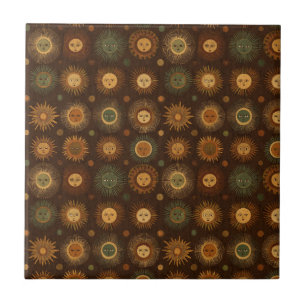 Vintage Celestial Sun Face Pattern Ceramic Tile