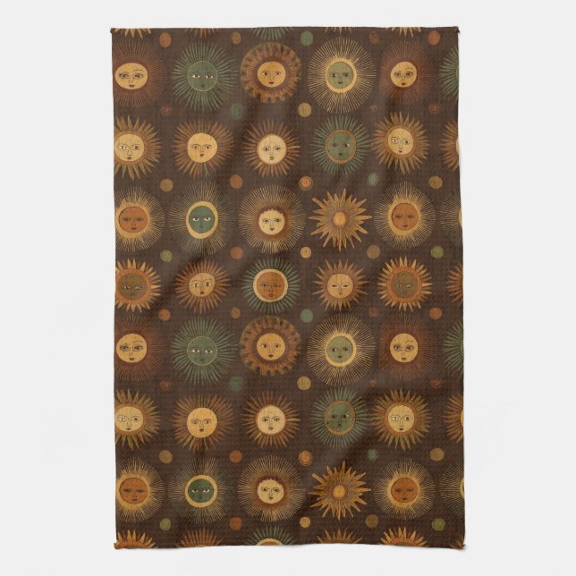 Vintage Celestial Sun Face Pattern Kitchen Towel (Vertical)