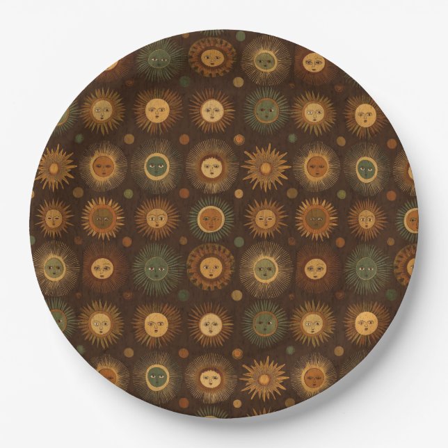 Vintage Celestial Sun Face Pattern Paper Plates (Front)