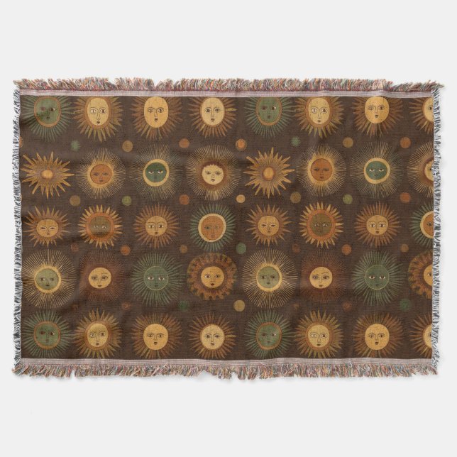 Vintage Celestial Sun Face Pattern Throw Blanket (Front)