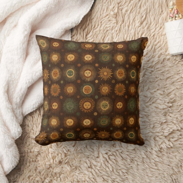 Vintage Celestial Sun Face Pattern Throw Pillow (Blanket)