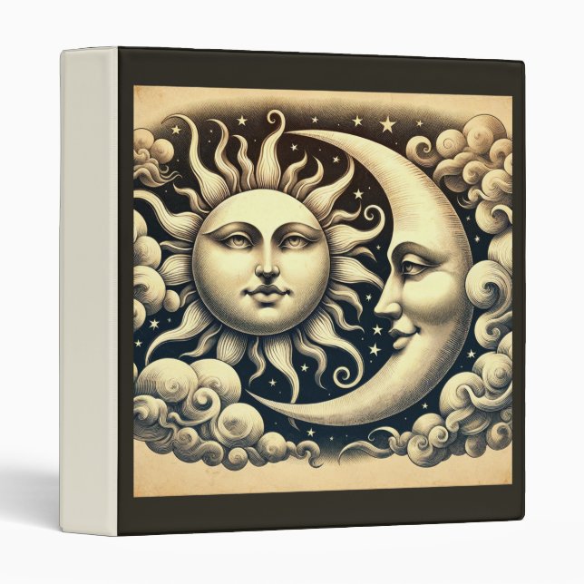 Vintage Celestial Sun & Moon  3 Ring Binder (Front/Spine)
