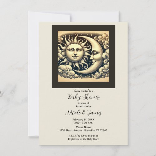 Vintage Celestial Sun  Moon Baby Shower  Invitation