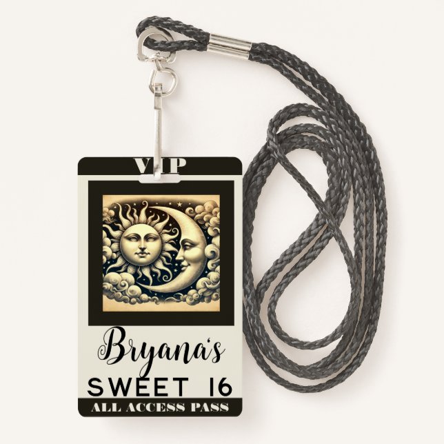 Vintage Celestial Sun & Moon Birthday VIP Pass Badge (Front with Lanyard)