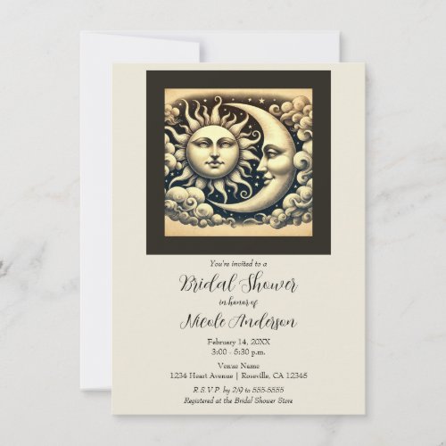 Vintage Celestial Sun  Moon Bridal Shower  Invitation