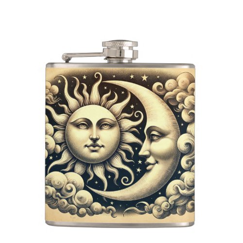 Vintage Celestial Sun  Moon  Flask