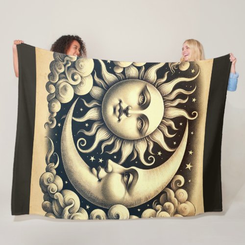 Vintage Celestial Sun  Moon  Fleece Blanket