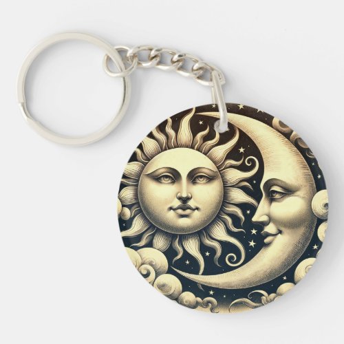 Vintage Celestial Sun  Moon  Keychain