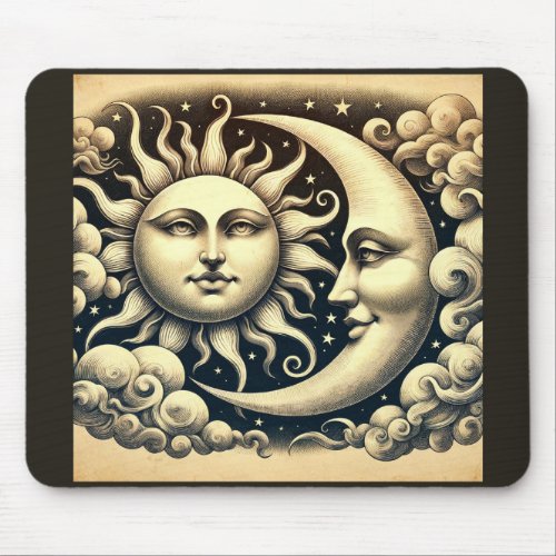 Vintage Celestial Sun  Moon  Mouse Pad