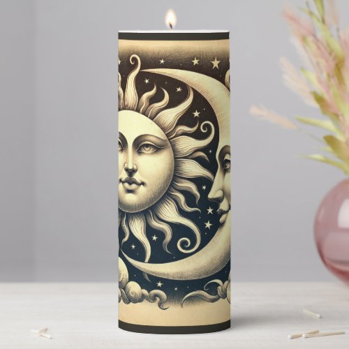 Vintage Celestial Sun  Moon Pillar Candle