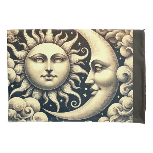 Vintage Celestial Sun  Moon  Pillow Case