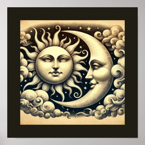 Vintage Celestial Sun  Moon  Poster