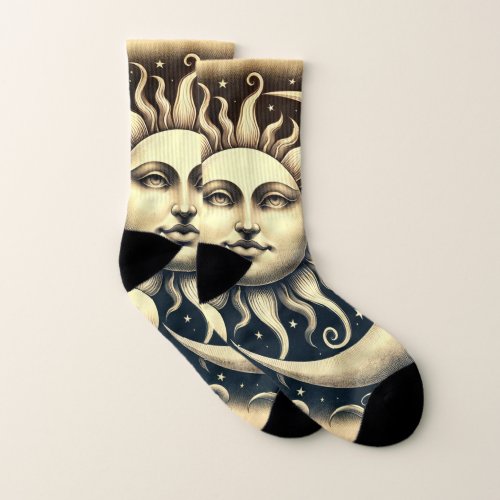 Vintage Celestial Sun  Moon  Socks