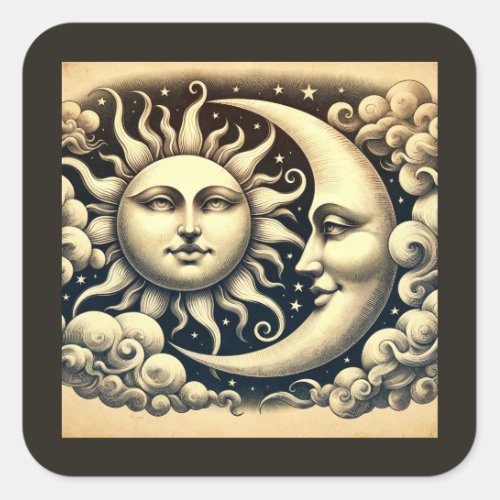 Vintage Celestial Sun  Moon Square Sticker