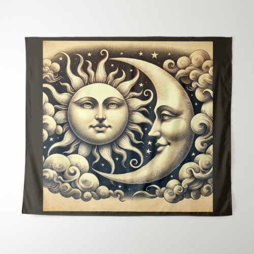 Vintage Celestial Sun  Moon  Tapestry