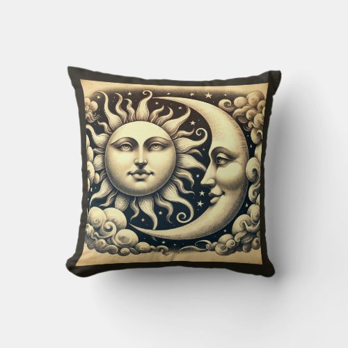 Vintage Celestial Sun  Moon  Throw Pillow
