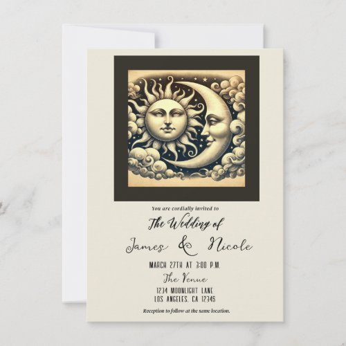 Vintage Celestial Sun  Moon Wedding  Invitation