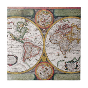 Vintage Celestial World Map with Zodiac Diagrams Ceramic Tile