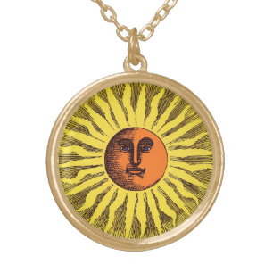 Vintage Celestial Yellow Smiling Happy Hippie Sun Gold Plated Necklace