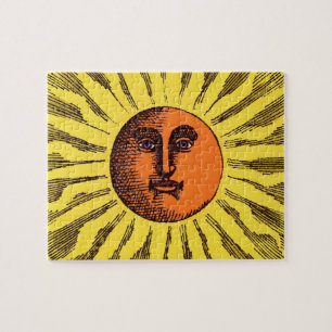 Vintage Celestial Yellow Smiling Happy Hippie Sun Jigsaw Puzzle