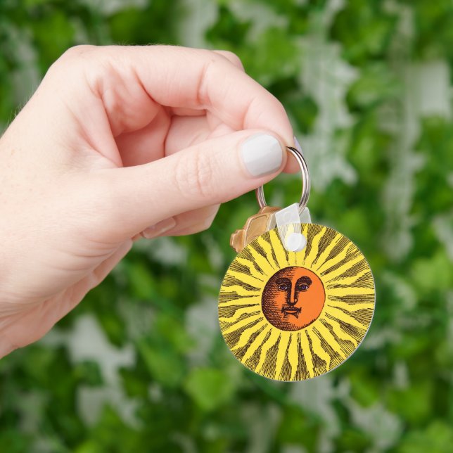 Vintage Celestial Yellow Smiling Happy Hippie Sun Keychain (Hand)