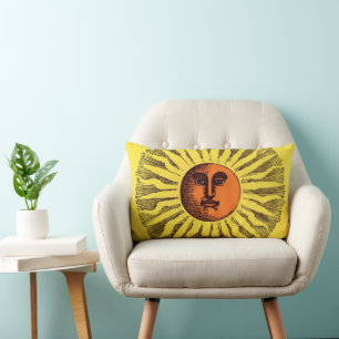 Vintage Celestial Yellow Smiling Happy Hippie Sun Lumbar Pillow