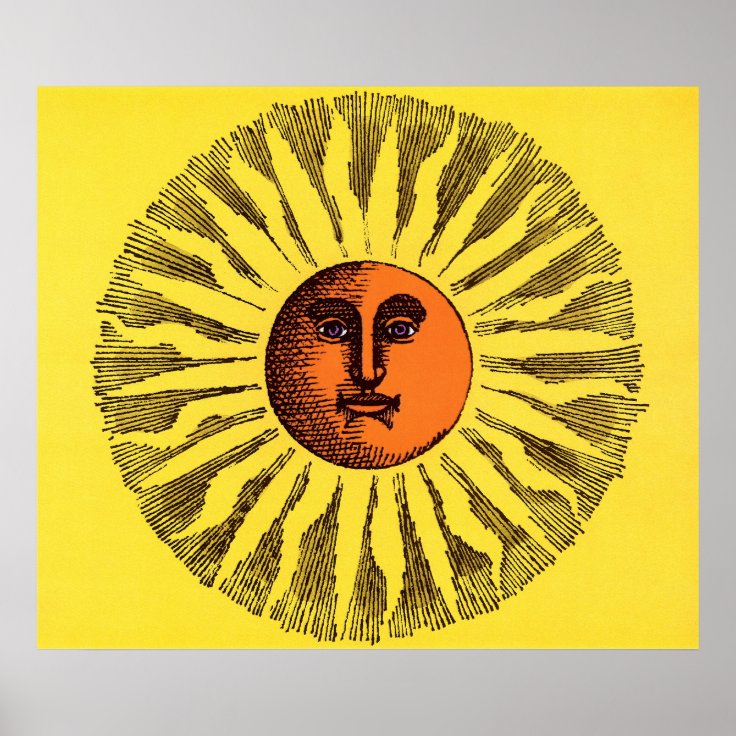 Vintage Celestial Yellow Smiling Happy Hippie Sun Poster | Zazzle