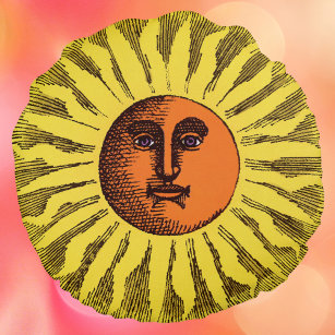 Vintage Celestial Yellow Smiling Happy Hippie Sun Round Pillow
