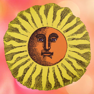 Vintage Celestial Yellow Smiling Happy Hippie Sun Round Pillow