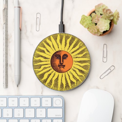 Vintage Celestial Yellow Smiling Happy Hippie Sun Wireless Charger