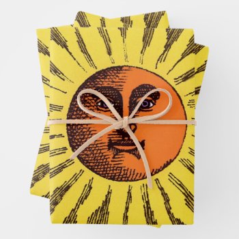 Vintage Celestial Yellow Smiling Happy Hippie Sun Wrapping Paper Sheets by YesterdayCafe at Zazzle