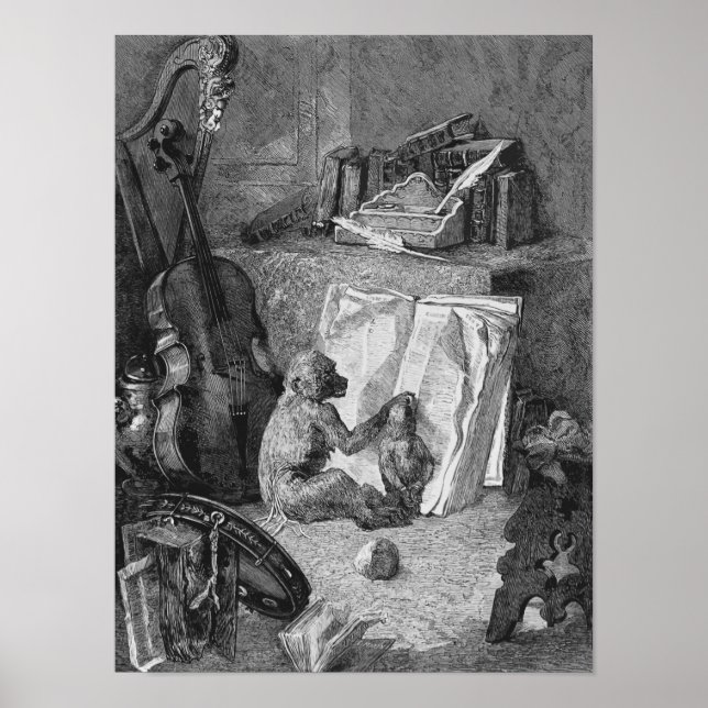 Vintage Cello and Monkey Music Art Print Musician (Front)