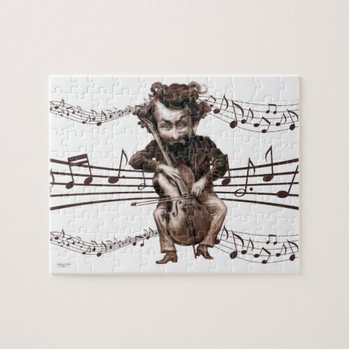 Vintage Cello Playing Caricature with Music Jigsaw Puzzle