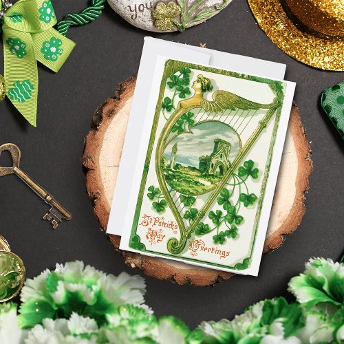 Vintage Celtic Harp St Patricks Day Greetings Holiday Card