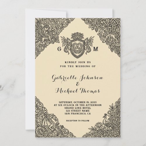 Vintage Celtic Knot Dragon Crest Wedding Invitation